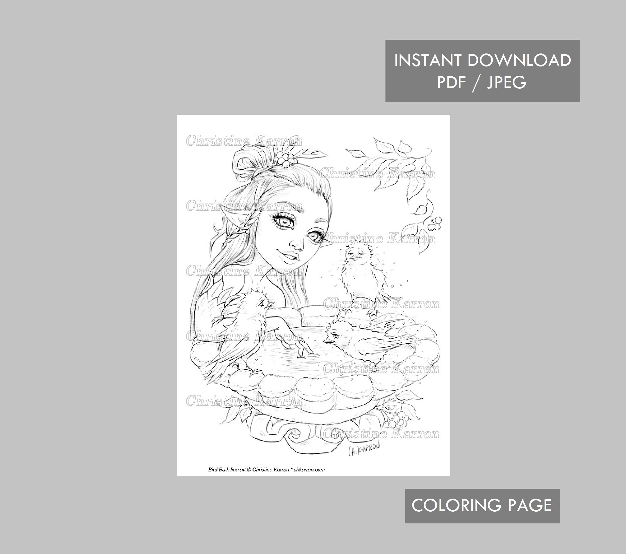 Bird Bath Coloring Page Line Art Illustration Fairy Elf Etsy Australia