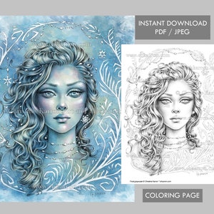 Frost Christine Karron Coloring Page Grayscale illustration Fae Winter Female Fantasy Portrait Instant Download Printable File JPEG PDF 画像 1