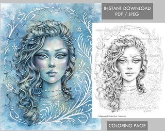 Frost Christine Karron Coloring Page Grayscale illustration Fae Winter Female Fantasy Portrait Instant Download Printable File (JPEG + PDF)