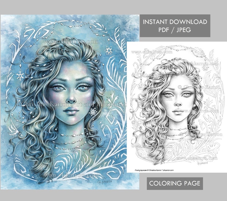 Frost Christine Karron Coloring Page Grayscale illustration Fae Winter Female Fantasy Portrait Instant Download Printable File JPEG PDF 画像 1