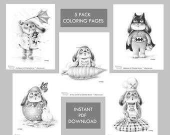 Benny Blue 5 Pack #4 GRAYSCALE coloring pages Instant Download 5 PDF Files