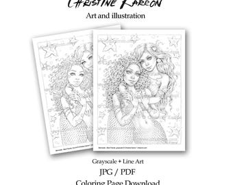 Página para colorear de Christine Karron, mejores amigas de las sirenas. Ilustración en escala de grises de fantasía femenina. Descarga instantánea. Archivos imprimibles (JPG+PDF).