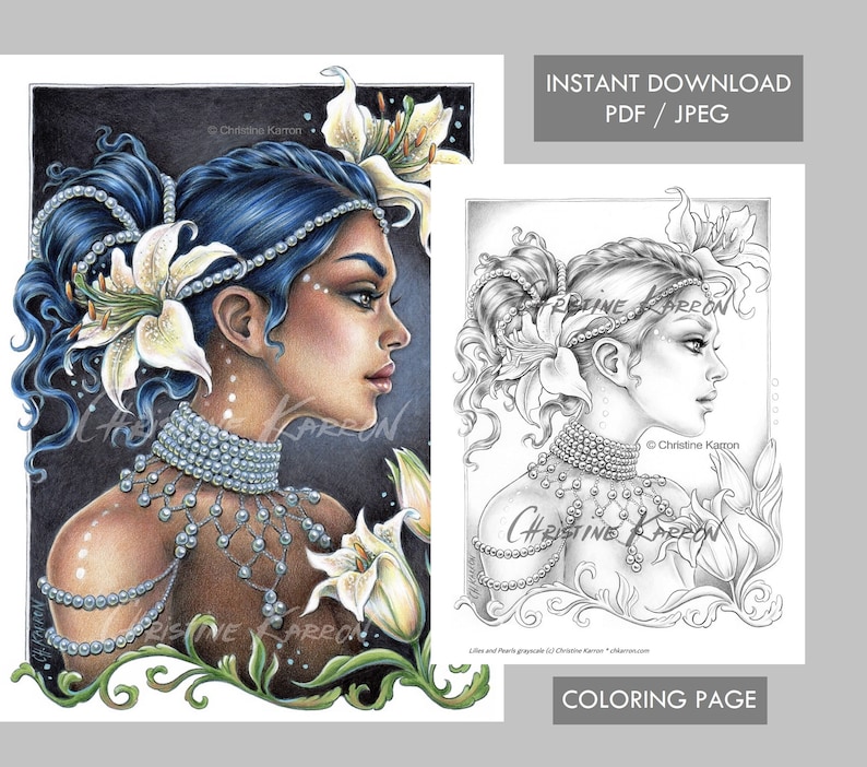 Puede incluir: Descarga digital de una ilustraci&oacute;n de una mujer de perfil con cabello azul, adornada con lirios blancos y joyas de perlas. Incluye el texto "DESCARGA INSTANT&Aacute;NEA PDF / JPEG" y "P&Aacute;GINA PARA COLOREAR".