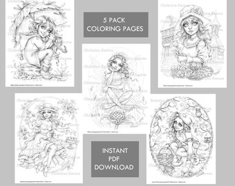 Fairy Elf Fantasy 5 pack (Patreon 2) GRAYSCALE cute whimsical female girl forest coloring pages Instant Download PDF Files Christine Karron