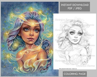 Stella Coloring Page GRAYSCALE Illustration Weibliche Portrait Celestial Stars Sofort Download Printable File (JPEG und PDF) Christine Karron