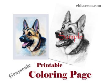 Grayscale Coloring Page - German Shepherd Dog illustration Instant Download Printable File