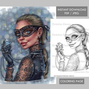 Jewel Thief Coloring Page GRAYSCALE Diamond Masked Girl Pearls illustration Instant Download Printable File (JPEG and PDF) Christine Karron
