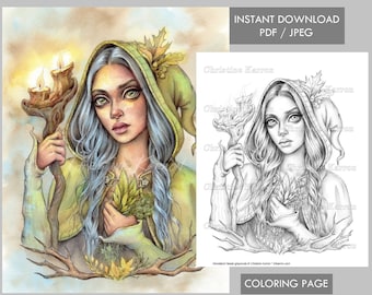 Woodland Healer Coloring Page GRAYSCALE sorceress witch fae illustration Instant Download Printable File (JPEG and PDF) Christine Karron