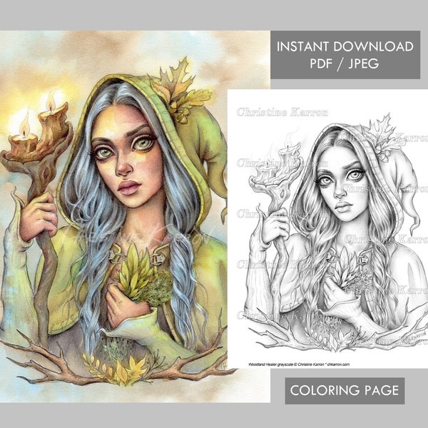 Woodland Healer Coloring Page GRAYSCALE sorceress witch fae illustration Instant Download Printable File (JPEG and PDF) Christine Karron