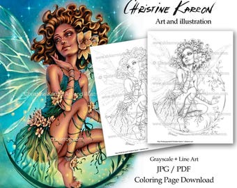 Puede incluir: Una descarga de página para colorear digital con arte e ilustración de Christine Karron. La imagen muestra un hada coloreada con cabello rizado, alas y detalles florales, junto a versiones en escala de grises y arte lineal con el texto Fairy Portal.