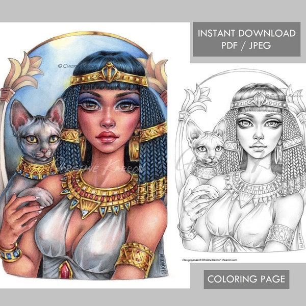 Cleo Egyptian Goddess Coloring Page GRAYSCALE Cat Sphynx Queen illustration Instant Download Printable File (JPEG and PDF) Christine Karron