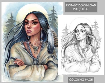 Sacred Feathers Coloring Page GRAYSCALE Native American Woman illustration Instant Download Printable File (JPEG and PDF) Christine Karron