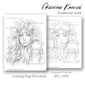 ワイルド ワン クリスティン カロン ぬり絵ページ グレースケール 森の妖精 魔女 女のイラスト 印刷可能なファイルをすぐにダウンロード (JPG+PDF)