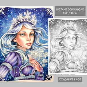 Snow Queen Grayscale Coloring Page illustration Fairy Fae Fantasy Portrait Instant Download Printable File (JPEG and PDF) Christine Karron