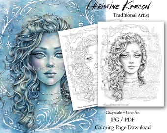 Puede incluir: Una descarga digital de página para colorear que presenta una ilustración en escala de grises con líneas de arte de una mujer con cabello largo y fluido y detalles intrincados. La imagen se titula "Grayscale + Line Art JPG / PDF Coloring Page Download".