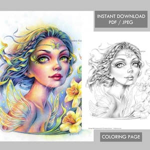 Spring Wind Fairy - Coloring Page Grayscale Instant Download Printable File (JPEG and PDF)