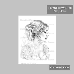 Pode incluir: Um desenho a preto e branco de uma noiva usando um véu e uma coroa de flores. A noiva está olhando para o lado e tem o cabelo puxado para trás. O desenho está em um fundo branco.