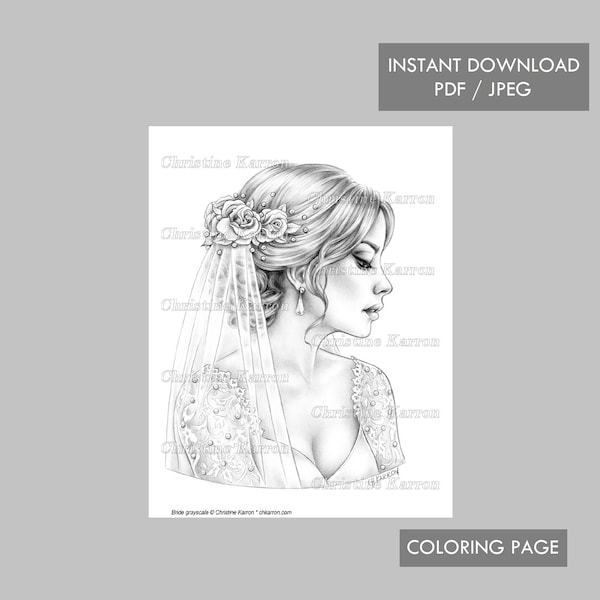 Bride Coloring Page GRAYSCALE Female Portrait Wedding Pearls illustration Instant Download Printable File (JPEG and PDF) Christine Karron