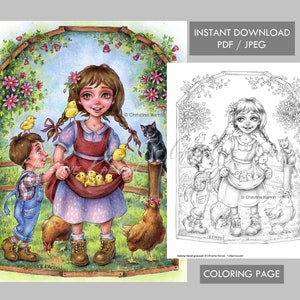 Helping Hands Coloring Page Grayscale Kids Chicks Instant Download Printable File (JPEG and PDF)