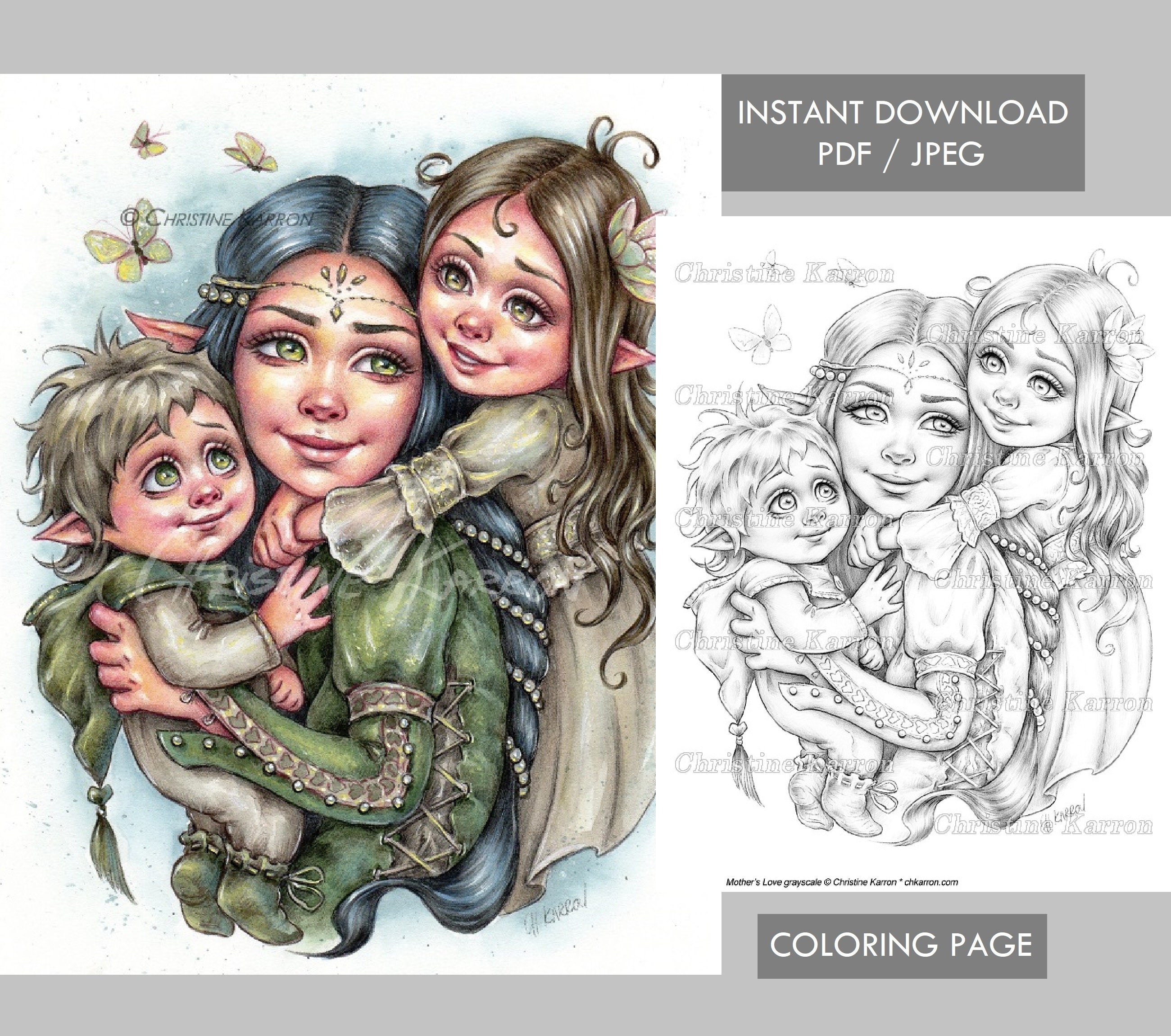 Mother's Love Coloring Page Grayscale Illustration Elf Family Fairy