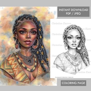 Onyx Coloring Page GRAYSCALE African Black Woman Female illustration Instant Download Printable File (JPEG and PDF) Christine Karron