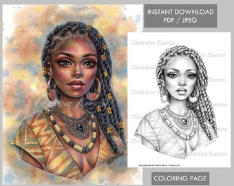 Onyx Coloring Page GRAYSCALE African Black Woman Female illustration Instant Download Printable File (JPEG and PDF) Christine Karron