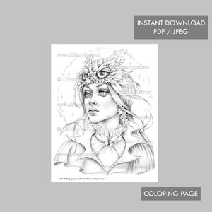 Owl Shifter Christine Karron Coloring Page Grayscale illustration Female Fantasy Portrait Instant Download Printable File JPEG PDF image 1
