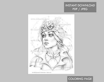 Owl Shifter Christine Karron Coloring Page Grayscale illustration Female Fantasy Portrait Instant Download Printable File (JPEG + PDF)