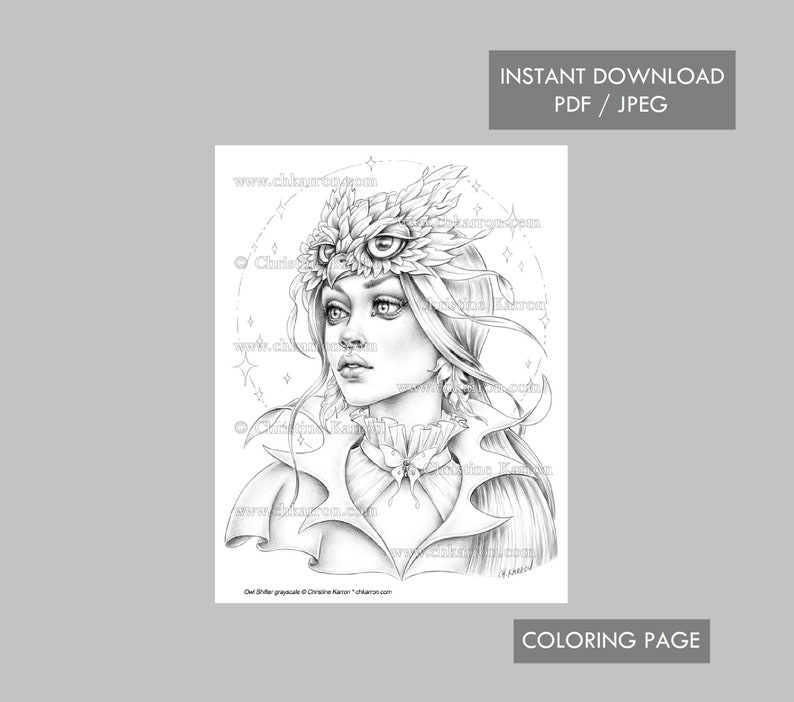 Owl Shifter Christine Karron Coloring Page Grayscale illustration Female Fantasy Portrait Instant Download Printable File JPEG PDF image 1