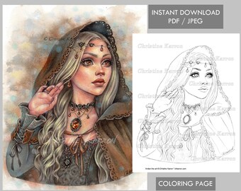 Amber Coloring Page Line-art illustration Fae Hood Woman Princess Portrait Instant Download Printable File (JPEG and PDF) Christine Karron