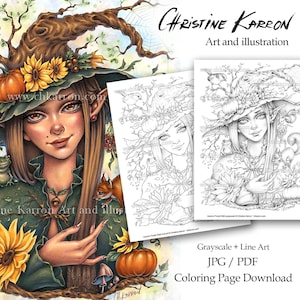 秋の森の魔女の塗り絵 グレースケール線画イラスト エルフ 妖精 ファンタジー肖像画 即時ダウンロード可能な印刷用ファイル (JPEG + PDF)