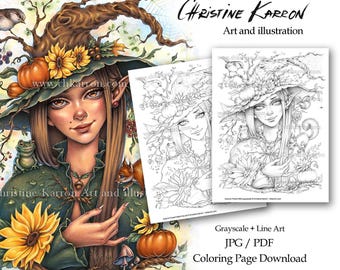 Herbst Wald Hexe Malseite Graustufen Linie Kunst Illustration Elf Fae Fantasy Portrait Sofort Download druckbare Dateien (JPEG + PDF)