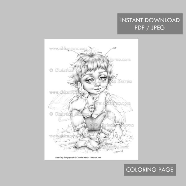 Little Fairy Boy Coloring Page Grayscale illustration Cute Fae Child Wings Instant Download Printable File (JPEG and PDF) Christine Karron