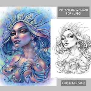Queen Of The Seven Seas - Mermaid  Coloring Page Grayscale Instant Download Printable File (JPEG and PDF) Christine Karron