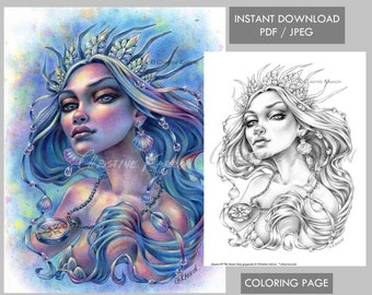 Queen Of The Seven Seas - Mermaid  Coloring Page Grayscale Instant Download Printable File (JPEG and PDF) Christine Karron