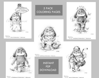 Benny Blue 5 Pack #3 GRAYSCALE coloring pages Instant Download 5 PDF Files