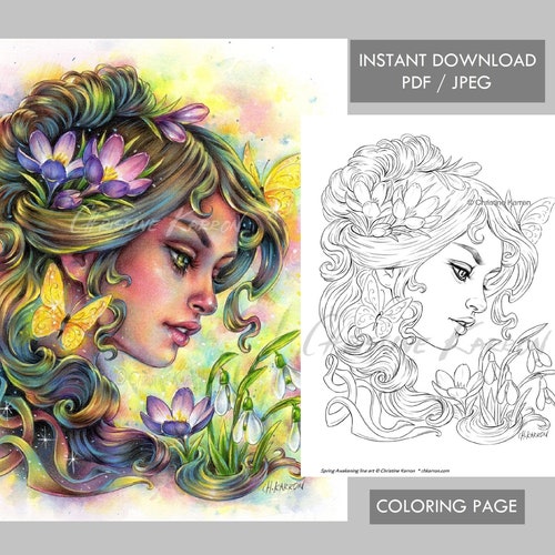 Spring Awakening Fairy Coloring Page Line-art Illustration - Etsy