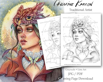 Puede incluir: Una descarga digital de página para colorear que presenta a una mujer con una máscara de búho y una mariposa en el cuello. La imagen está en escala de grises con arte de línea. El texto "Grayscale + Line Art JPG/PDF Coloring Page Download" está en la parte inferior de la imagen.