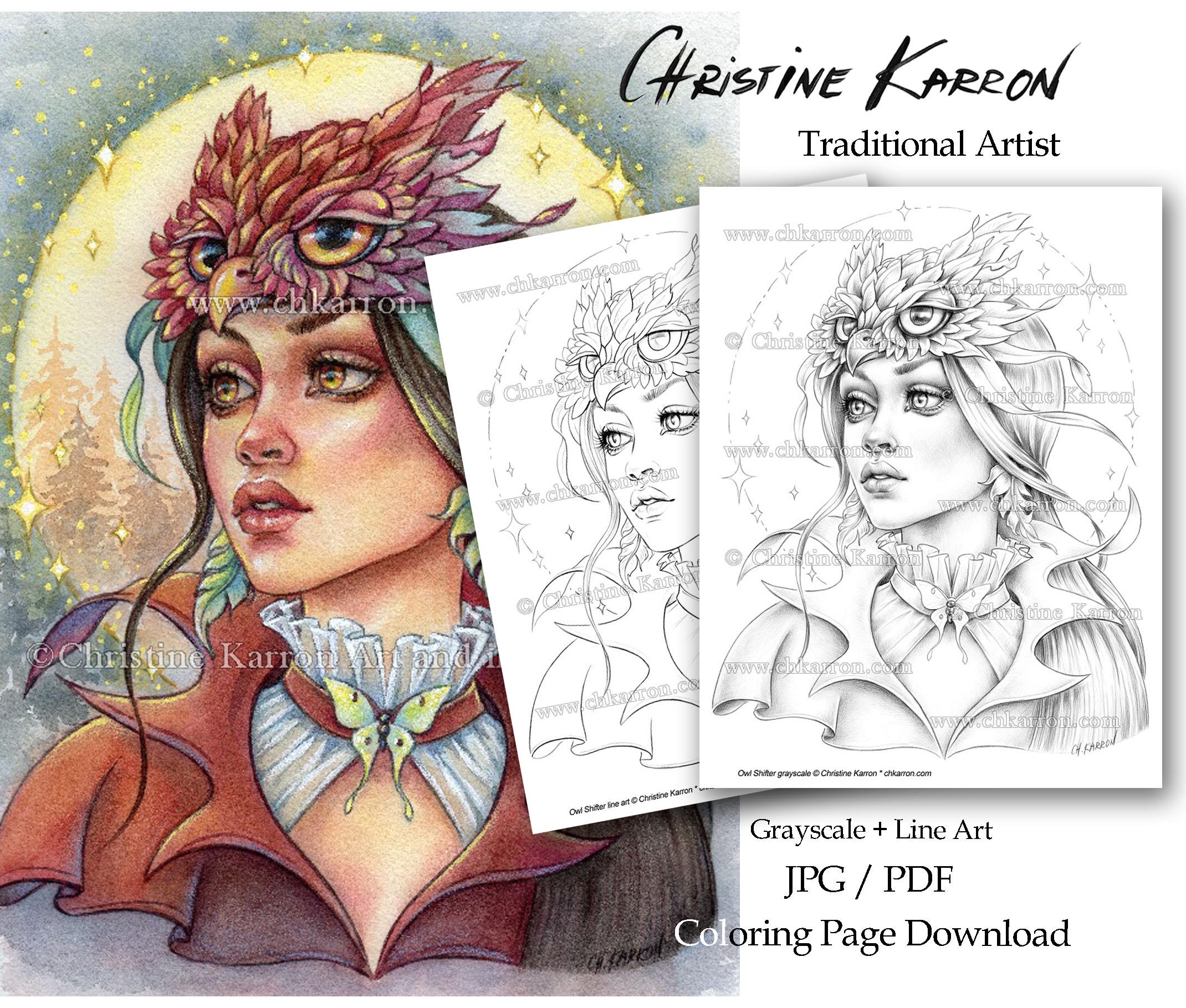 Owl Shifter Christine Karron Coloring Page Grayscale illustration Female Fantasy Portrait Instant Do