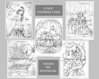 Set of 5 Fairy Elf GRAYSCALE coloring pages 5 Pack Instant Download PDF Files