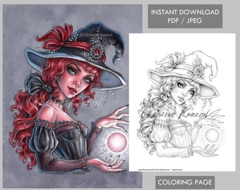 Lady Witch Spooktober Coloring Page Grayscale illustration Instant Download Printable File (JPEG and PDF)