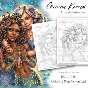 Le migliori amiche delle sirene Christine Karron Pagina da colorare Illustrazione fantasy femminile in scala di grigi File stampabili da scaricare immediatamente (JPG+PDF)