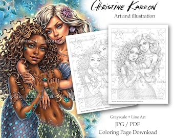 Mermaids Best Friends Christine Karron Coloring Page Female Fantasy Grayscale illustration Instant Download Printable Files (JPG+PDF)