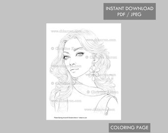 Flower Earring Christine Karron Coloring Page Line-Art illustration Female Spring Portrait Instant Download Printable Files (JPEG + PDF)