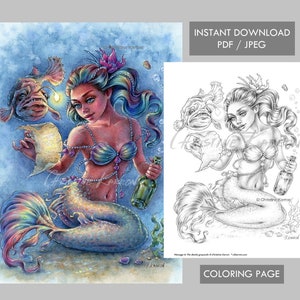 Message In The Bottle Mermaid  Coloring Page Grayscale Instant Download Printable File (JPEG and PDF)