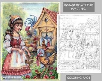 Hen House Gossip Christine Karron Coloring Page Line Art Farm Girl Fancy Chicken illustration Instant Download Printable Files (JPEG + PDF)