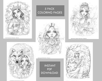 Fairy Fantasy Fairytale 5 Pack GRAYSCALE coloring pages Instant Download 5 PDF Files