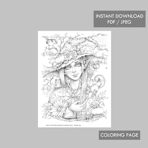 Autumn Forest Witch Coloring Page Grayscale illustration Elf Fantasy Portrait Woodland Animal Instant Download Printable File (JPEG and PDF)