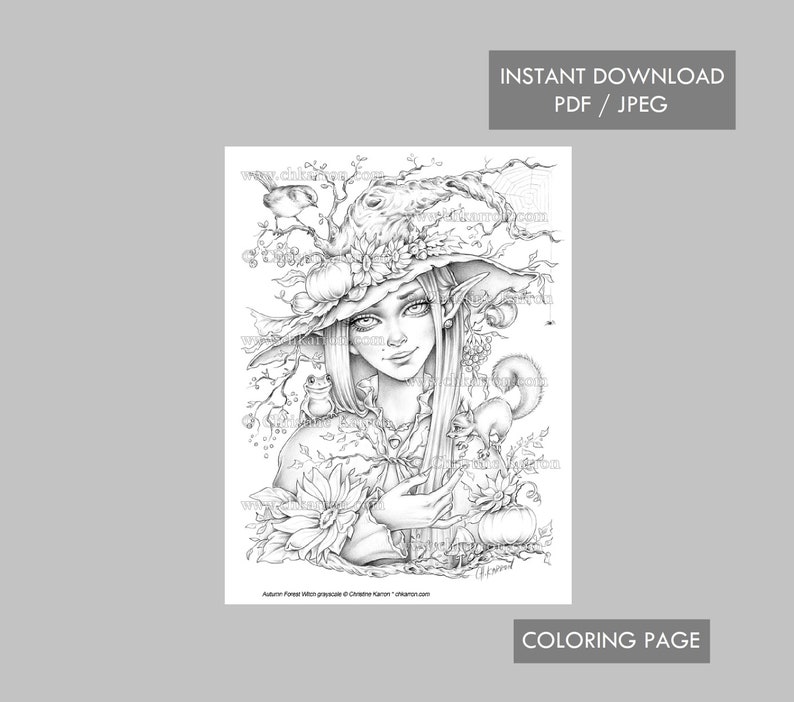 Autumn Forest Witch Coloring Page Grayscale illustration Elf Fantasy Portrait Woodland Animal Instant Download Printable File JPEG and PDF image 1