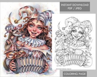 Jester Coloring Page GRAYSCALE Joker Harlequin Girl Ferret illustration Instant Download Printable File (JPEG and PDF) Christine Karron